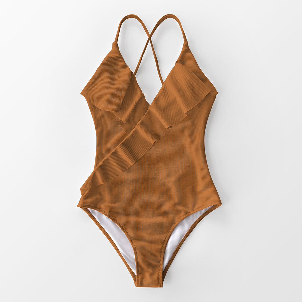 Solid One-piece Swimsuit Falbala V neck Ruffle Monokini  Beach Bathing Suit Swimwear The Clothing Company Sydney