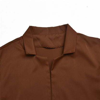 Turn-down Collar Button Two Piece Set Brown Long Sleeve Top High Waist Skirt Women Autumn Slim Office Outfits The Clothing Company Sydney