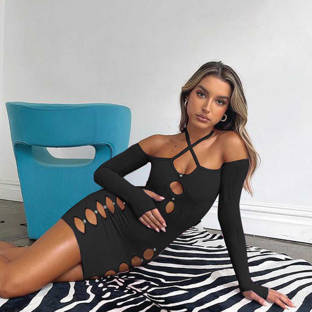 Halter Neck Off Shoulder Cut Out Bodycon Mini Dress Women Long Sleeve Backless Flocking Goth Black Dresses The Clothing Company Sydney