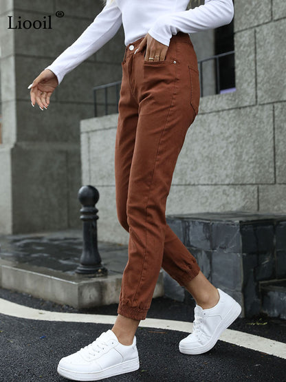 Women's Streetwear Cotton Elastic Waist Brown Jean Pants Women Denim Trousers With Pockets Spring Stretch Jeans The Clothing Company Sydney