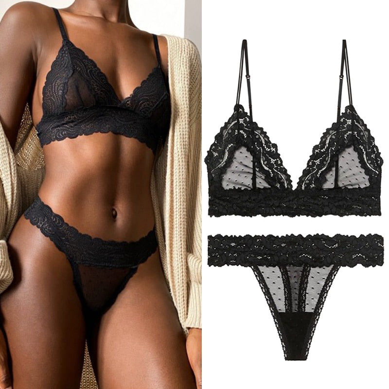 2 Piece Lingerie Set Lace Transparent Bra Set Dot Mesh Bralette Push Up Brassiere T Back Panties Sets Backless V Neck Bra The Clothing Company Sydney