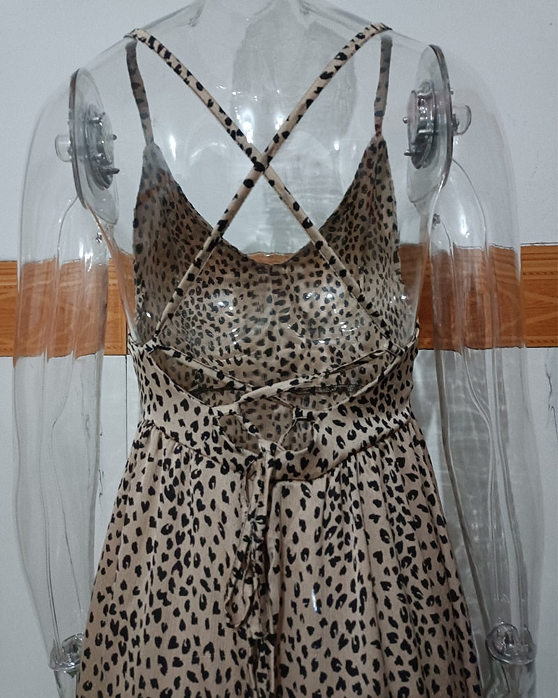 Leopard Print Spaghetti Strap Backless Dresses Vintage Ruffled Lace Up Party Maxi Dress The Clothing Company Sydney