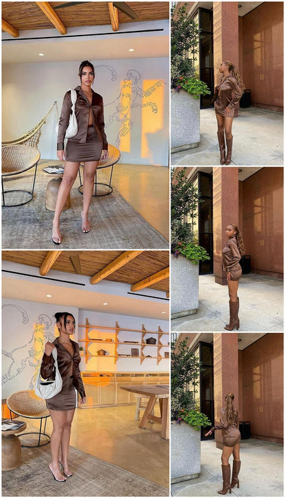 Turn-down Collar Button Two Piece Set Brown Long Sleeve Top High Waist Skirt Women Autumn Slim Office Outfits The Clothing Company Sydney