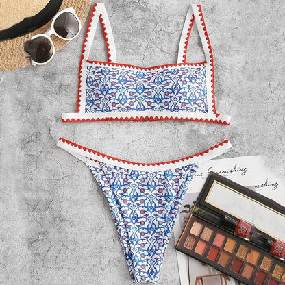 Printed Bandeau swimsuit Patchwork 2 pieces set High cut swimwear Sports bathing suit bikini set The Clothing Company Sydney