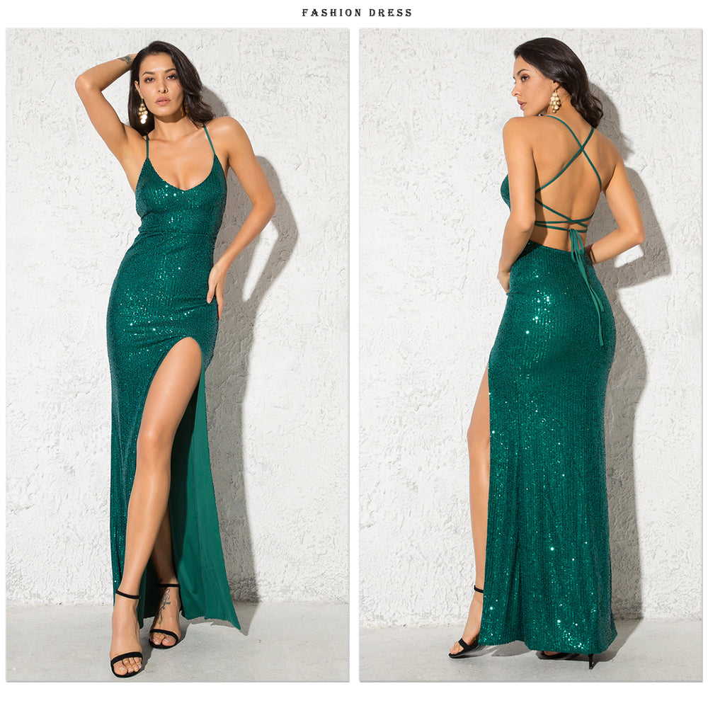 Sexy V Neck Lace Up Sequined Cocktail Party Dress Backless Split Leg Sleeveless Summer Long Dresses Evening Wedding Gown The Clothing Company Sydney