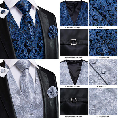 4Piece Mens Vest for Suit Luxury Paisley Floral Plaid Suit Silk Vest and Tie Set Blue Gold Red Sliver Wedding Vest The Clothing Company Sydney