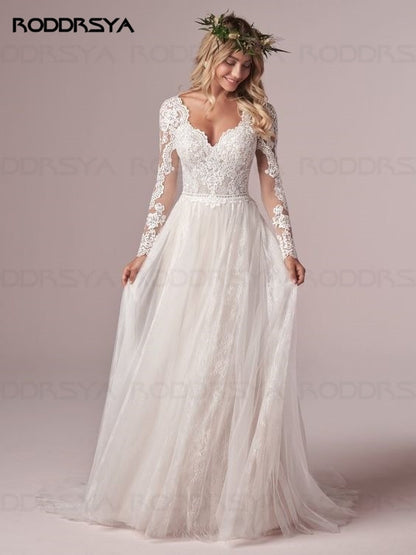 A Line Long Sleeves Wedding Dresses  Lace Bridal Gowns Tulle Ivory  Open Back Wedding Dress The Clothing Company Sydney