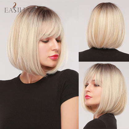 Short Straight Bob Wigs with Bang Golden Brown Natural Synthetic Hair for Women Daily Cosplay Heat Resistant Fiber Wigs The Clothing Company Sydney