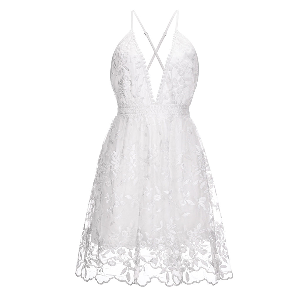 Summer Sundress White Floral Embroidery Mesh Lace Sexy Backless Beach Dress The Clothing Company Sydney