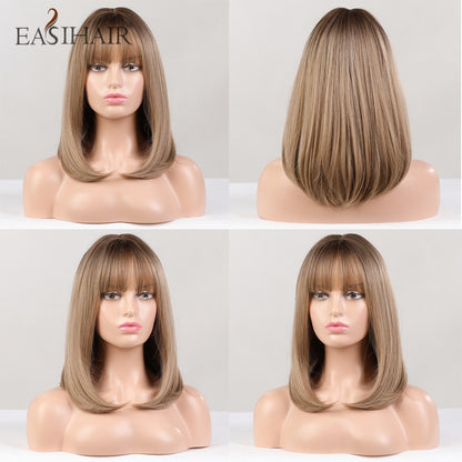 Short Straight Bob Wigs with Bang Golden Brown Natural Synthetic Hair for Women Daily Cosplay Heat Resistant Fiber Wigs The Clothing Company Sydney