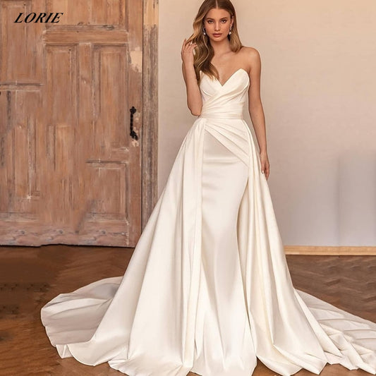 Satin Off Shoulder Wedding Dresses With Detachable Train Sweetheart A-Line White/Ivory Bridal Gowns The Clothing Company Sydney