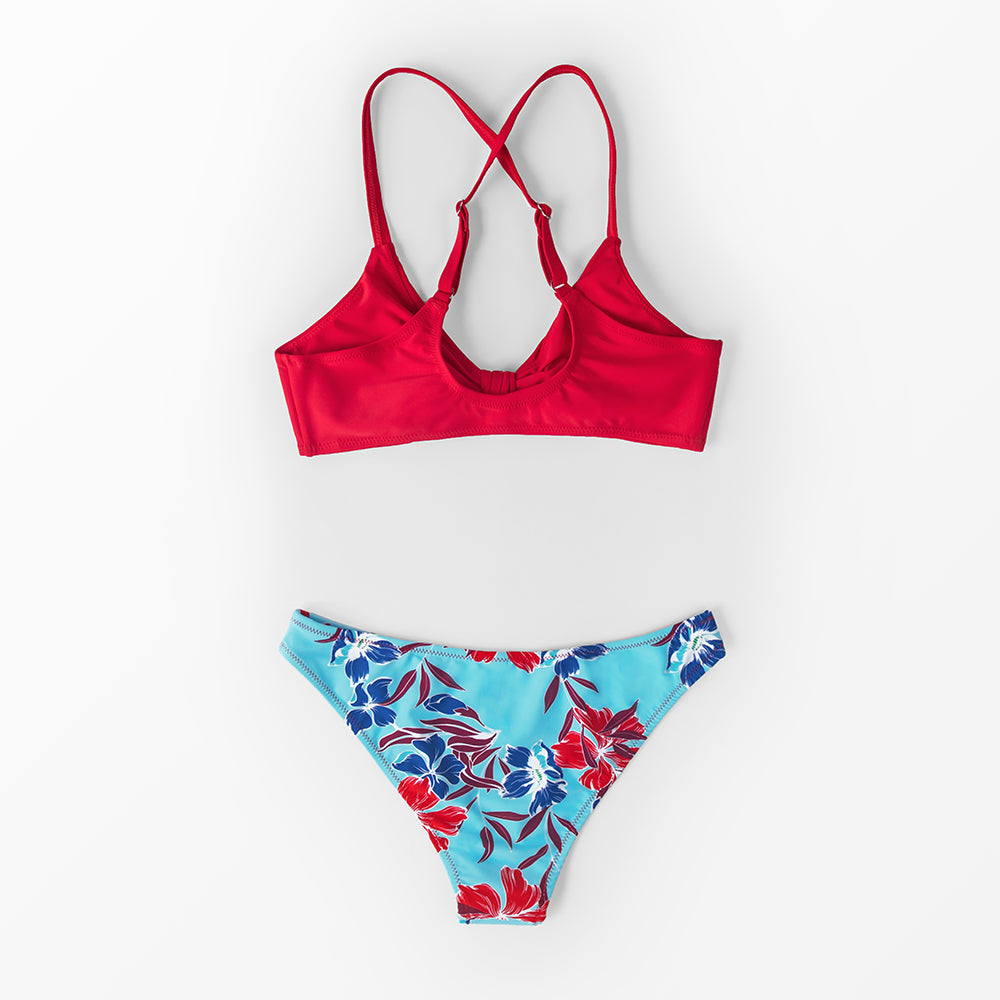 Red and Floral Print Low-Waisted Bikini Sets Swimsuit Bow-knot Two Piece Swimwear Beach Bathing Suits The Clothing Company Sydney