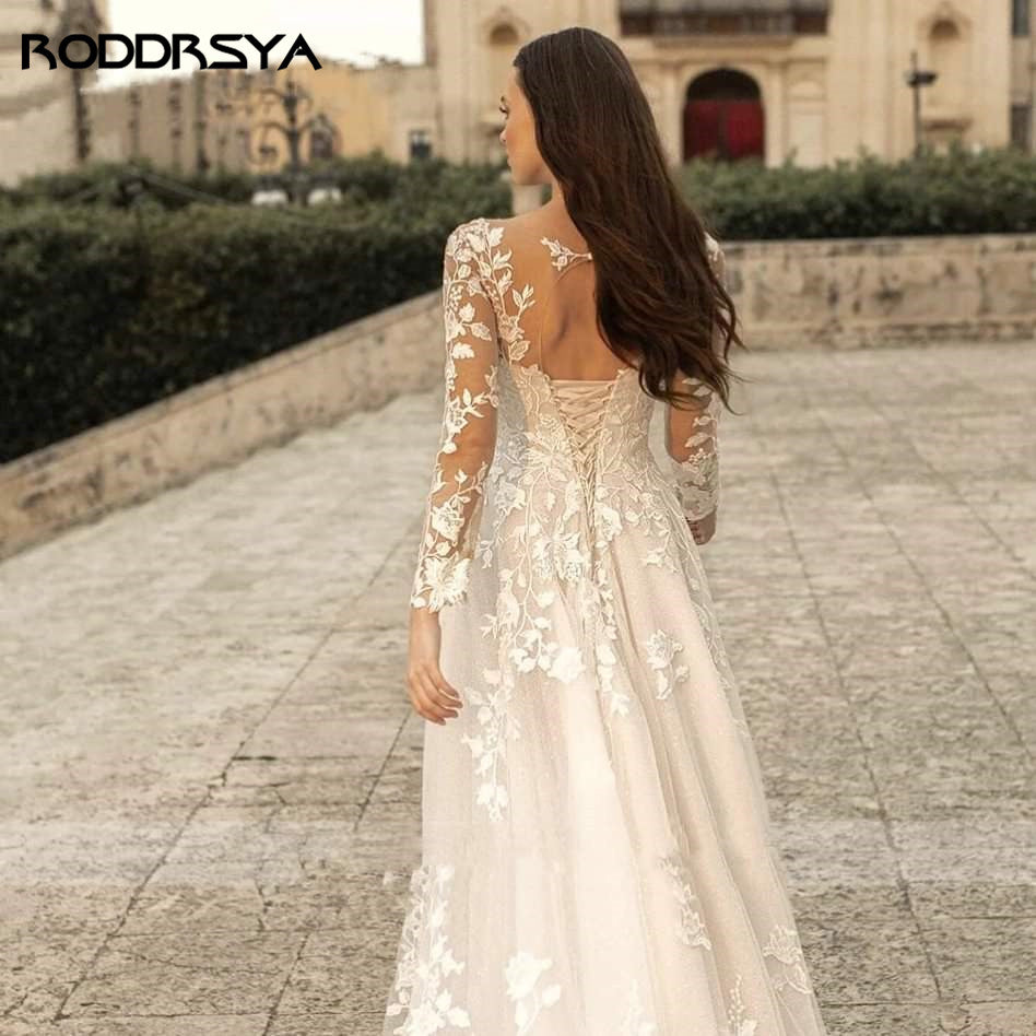 Elegant O-Neck Wedding Lace  A-Line Boho Long Sleeves Wedding Bride Gowns Dress The Clothing Company Sydney