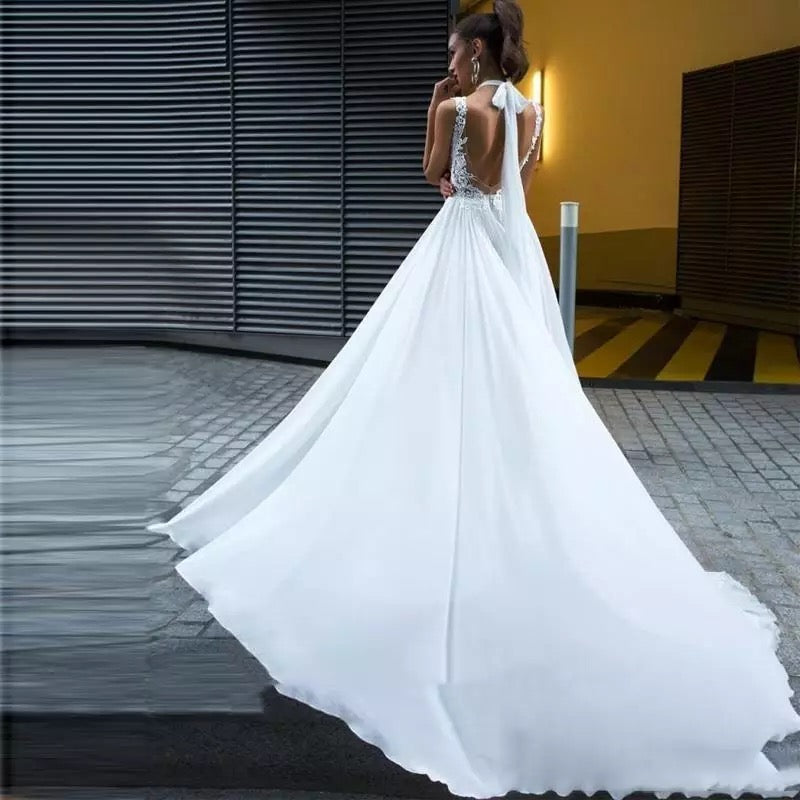 Double Side Split Halter Wedding Dresses A-Line Sleeveless Lace Appliques Backless Sweep Train Chiffon Bridal Gown The Clothing Company Sydney