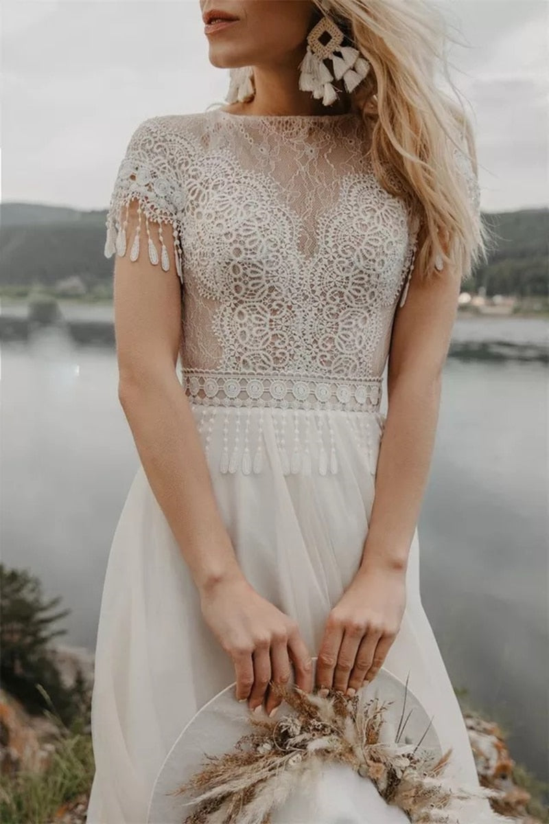 Bohemain Lace Wedding Dresses With Tassel Boat Neck Short Sleeve Backless Sweep Train Boho A-Line Tulle Bridal Gown The Clothing Company Sydney