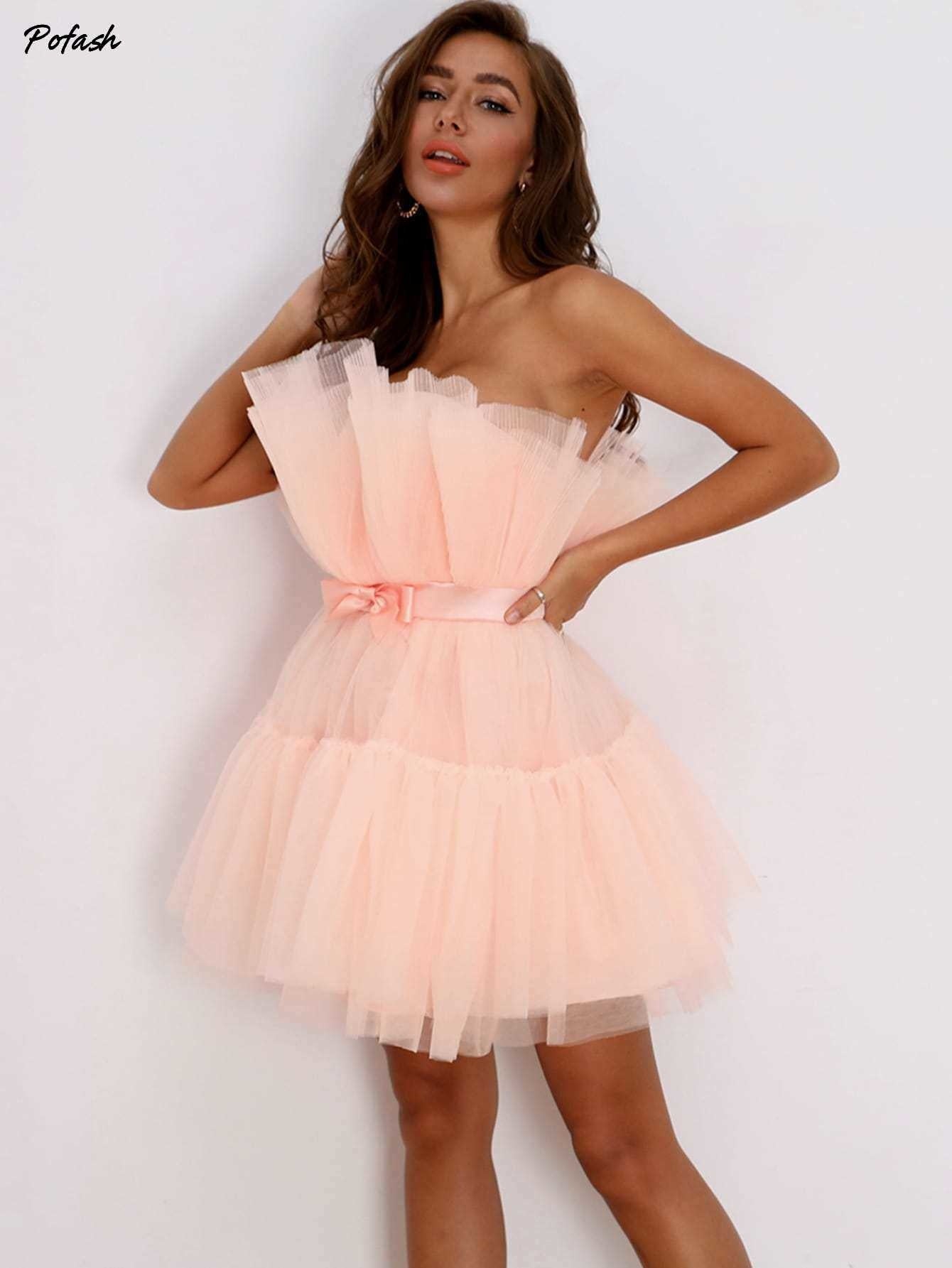 Mesh Solid Bow Mini Dress Women Layered Strapless Ball Gown Sexy Party Club Dress Backless Summer Dress The Clothing Company Sydney