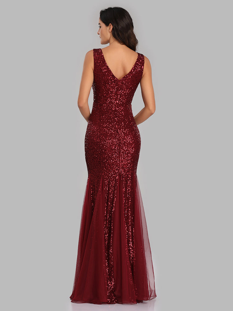 Plus Size V Neck Mermaid Burgundy Long Formal Prom Party Gown Sequins Sleeveless Evening Cocktail Dress The Clothing Company Sydney