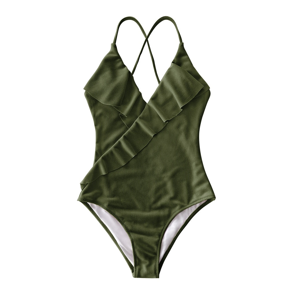 Solid One-piece Swimsuit Falbala V neck Ruffle Monokini  Beach Bathing Suit Swimwear The Clothing Company Sydney