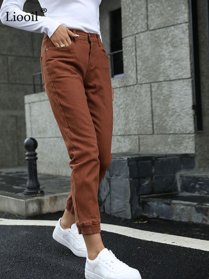 Women's Streetwear Cotton Elastic Waist Brown Jean Pants Women Denim Trousers With Pockets Spring Stretch Jeans The Clothing Company Sydney