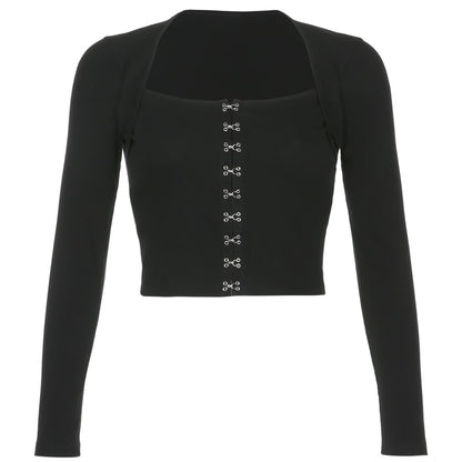 Streetwear Square Neck Hook Cotton Aututmn T-shirts Bodycon Gothic White Crop Tops Tees Long Sleeve T shirt The Clothing Company Sydney