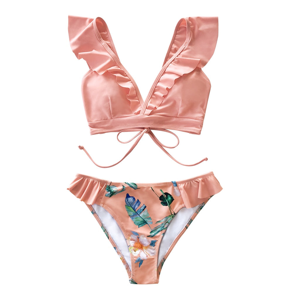 Tropical Pink Ruffle Bikini Sets Lace Up Low-waist Swimsuit Two Piece Swimwear Beach Bathing Suits The Clothing Company Sydney