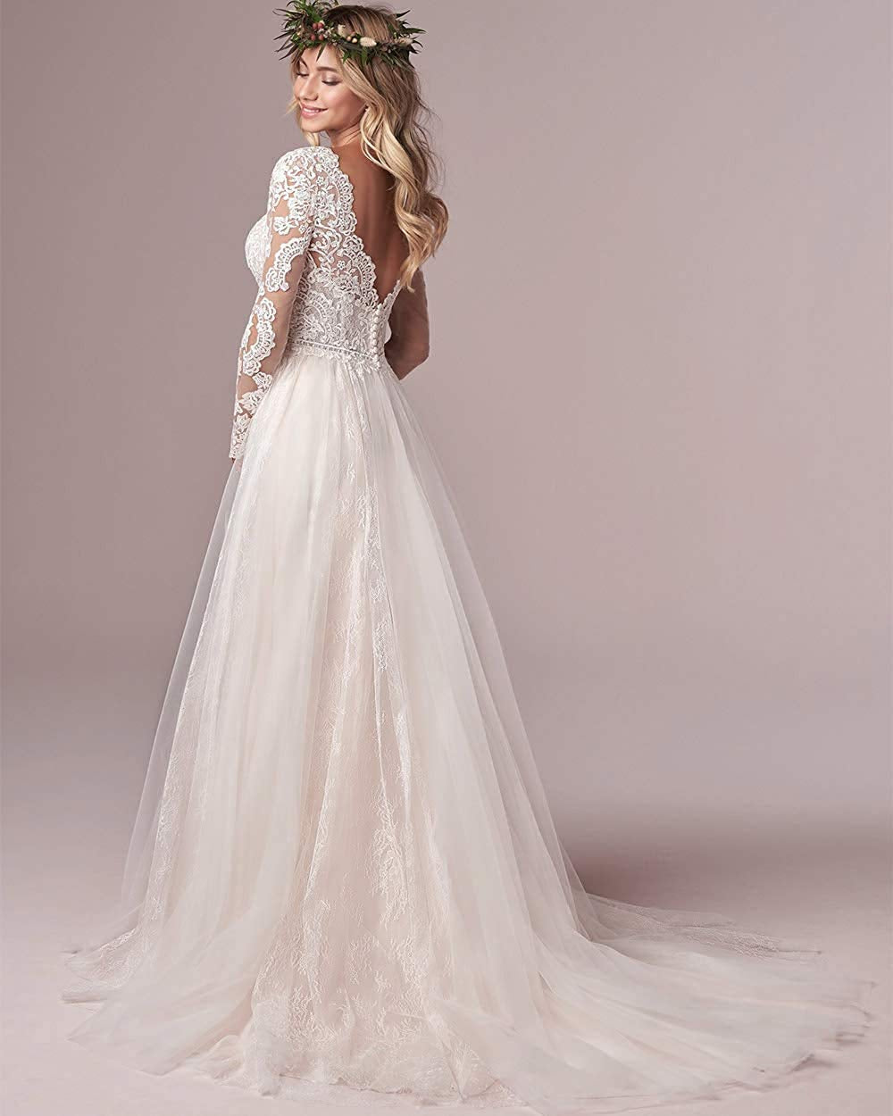 A Line Long Sleeves Wedding Dresses  Lace Bridal Gowns Tulle Ivory  Open Back Wedding Dress The Clothing Company Sydney