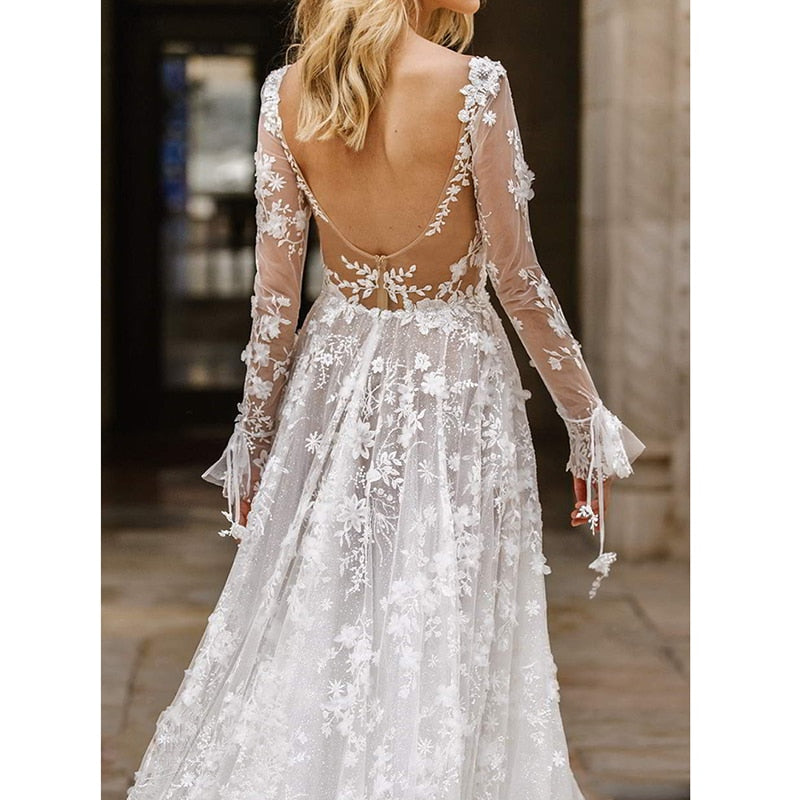 Summer Maxi Party Dress Long Sleeve Floor Length Embroidery White Lace Backless Tulle Long Wedding Dress The Clothing Company Sydney