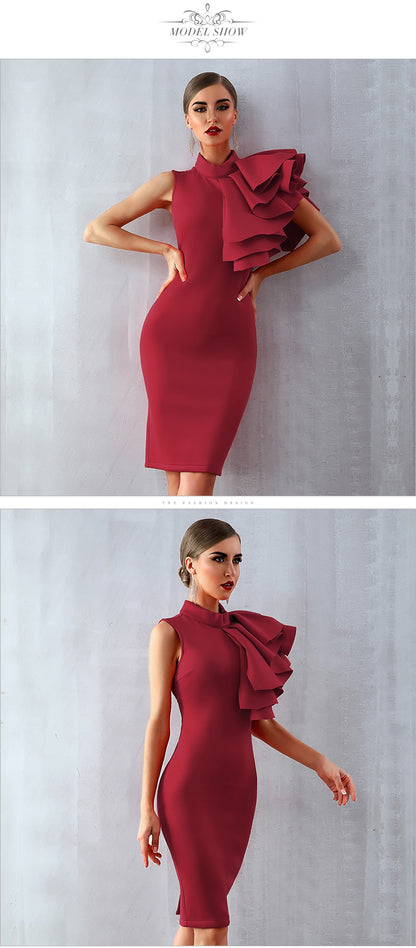 Summer Wine Red Celebrity Evening Runway Party Dress Sleeveless Ruffles Bodycon Midi Night Club Dress The Clothing Company Sydney