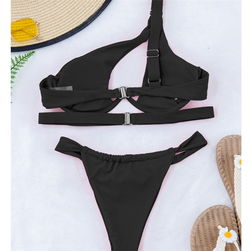 Hollow Out Swimwear Push Up Bikini One Shoulder Solid Thong Swimsuit 2 Piece Micro Bather Suit The Clothing Company Sydney