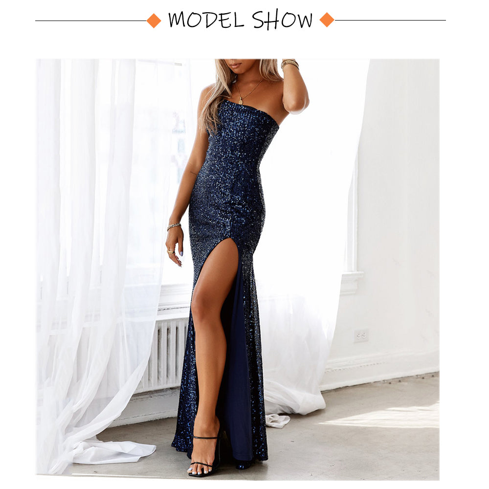 Slim Navy Blue One Shoulder Sequin Long Cocktail Luxury Stretch Slit Open Leg Wedding Party Prom Formal Evening Dress The Clothing Company Sydney