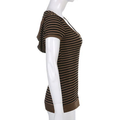 Y2K Striped Crop Top Hooded Short Sleeve T Shirt Women's Cute Retro Brown Summer Tee Casual Tshirt The Clothing Company Sydney