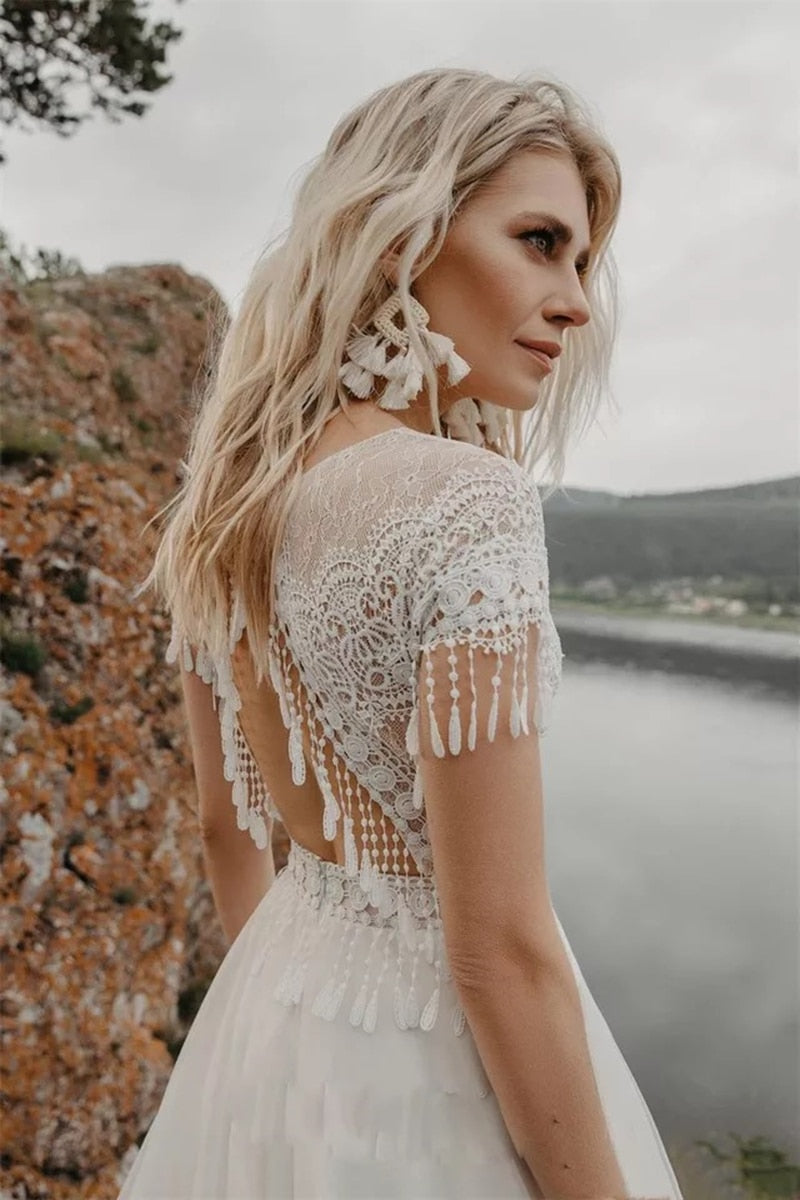 Bohemain Lace Wedding Dresses With Tassel Boat Neck Short Sleeve Backless Sweep Train Boho A-Line Tulle Bridal Gown The Clothing Company Sydney