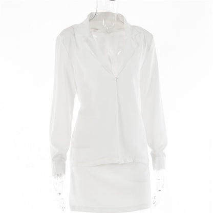 Turn-down Collar Button Two Piece Set Brown Long Sleeve Top High Waist Skirt Women Autumn Slim Office Outfits The Clothing Company Sydney