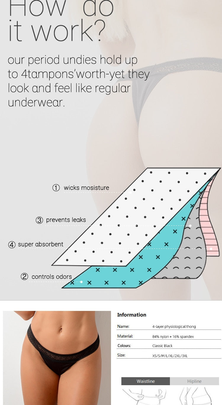 Women's Menstrual Panties Four Layer Leakproof Thong Physiological Undies Low Waist Period Underwear G-string New Briefts The Clothing Company Sydney