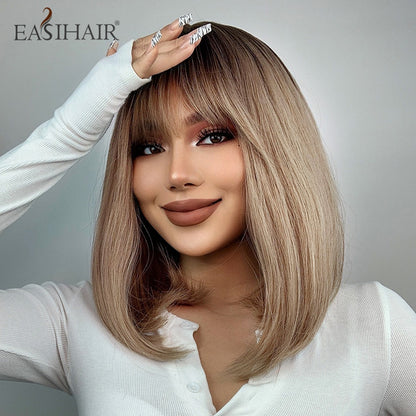 Short Straight Bob Wigs with Bang Golden Brown Natural Synthetic Hair for Women Daily Cosplay Heat Resistant Fiber Wigs The Clothing Company Sydney