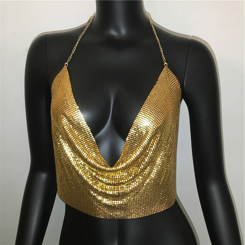 Metal Sequined Tank Camis Summer Gold Silver Backless Cropped Glitter Beach Club Show Wear Tank Tops The Clothing Company Sydney