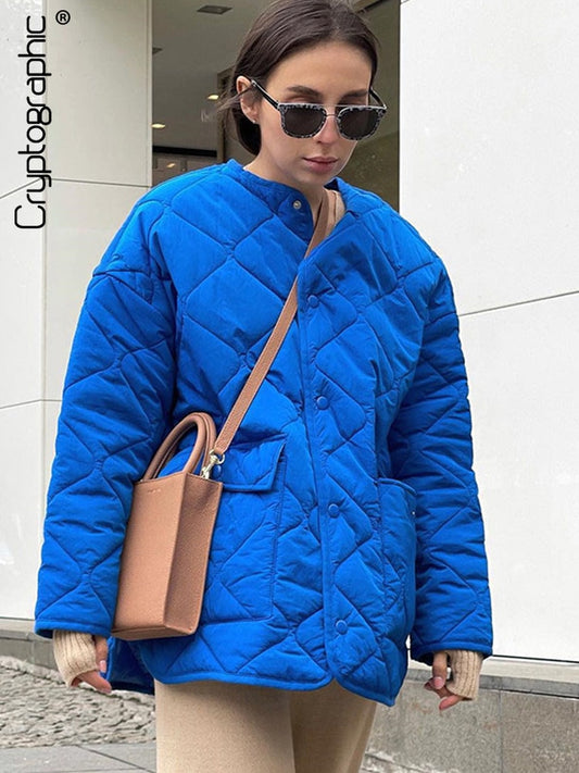 Women's Winter Blue Oversize Puffer Casual Fashion Warm Cotton Button Down Quilted Coat Loose Jacket The Clothing Company Sydney