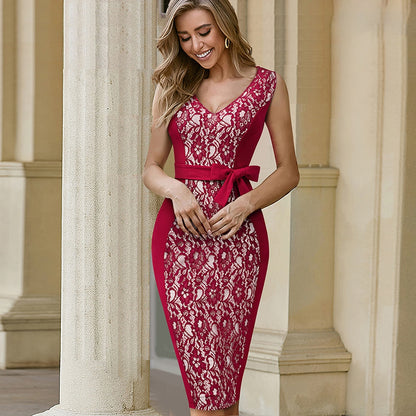 Summer Women Elegant Lace Patchwork Low Cut Dresses Formal Wedding Party Vintage Bodycon Slim Dress The Clothing Company Sydney