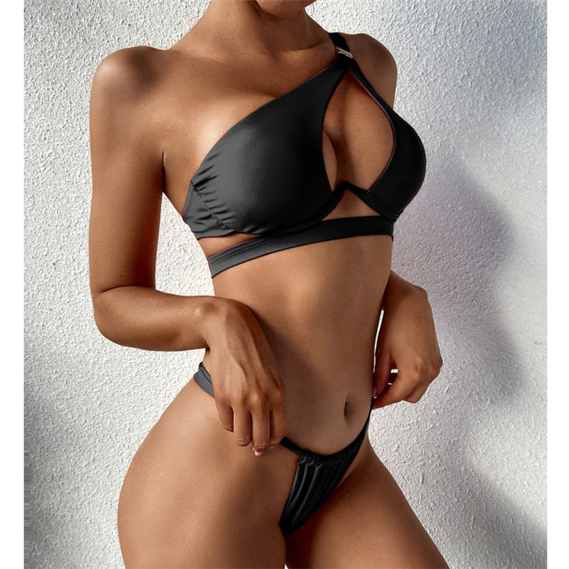 Hollow Out Swimwear Push Up Bikini One Shoulder Solid Thong Swimsuit 2 Piece Micro Bather Suit The Clothing Company Sydney
