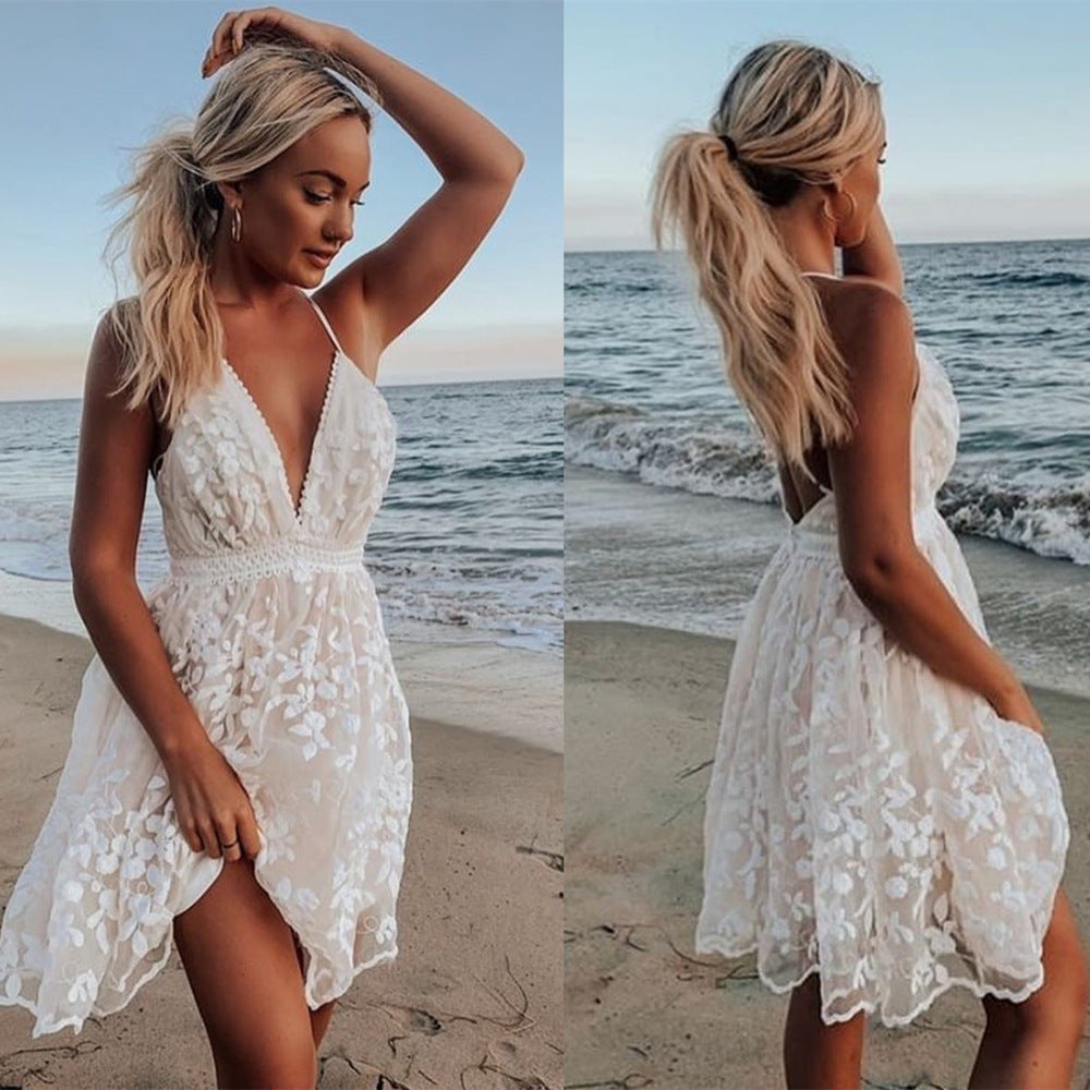 Summer Sundress White Floral Embroidery Mesh Lace Sexy Backless Beach Dress The Clothing Company Sydney