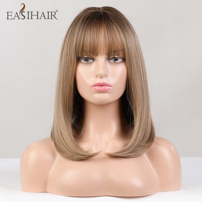 Short Straight Bob Wigs with Bang Golden Brown Natural Synthetic Hair for Women Daily Cosplay Heat Resistant Fiber Wigs The Clothing Company Sydney