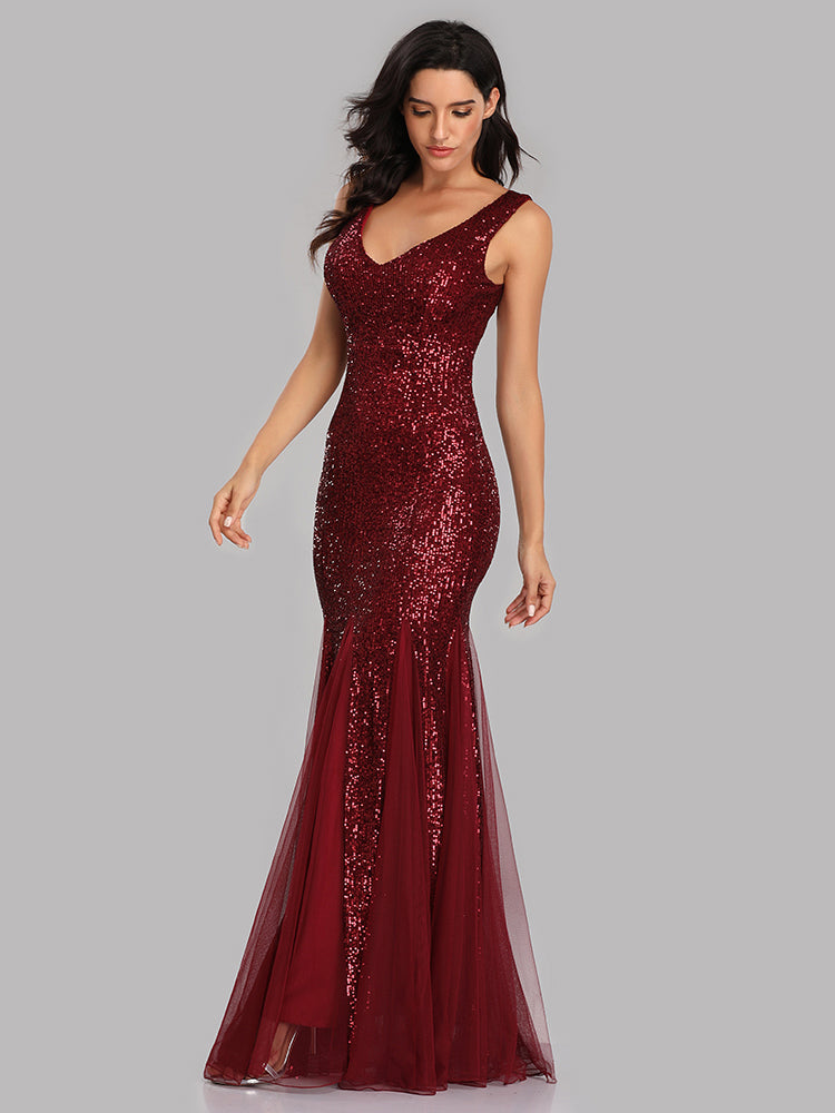 Plus Size V Neck Mermaid Burgundy Long Formal Prom Party Gown Sequins Sleeveless Evening Cocktail Dress The Clothing Company Sydney