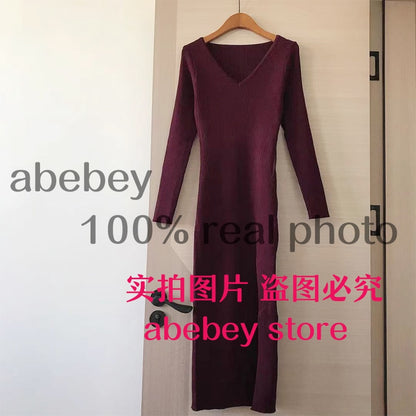 Long Sleeve slit sweater dress slim tight fitting hip knit over the knee dresses The Clothing Company Sydney