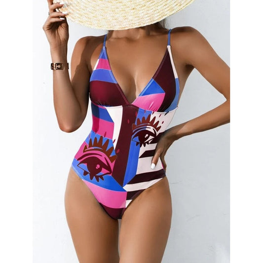 Print One Piece Swimsuit Closed Swimwear Blue Push Up Women Flower Vintage Body Swim Beach Pool Bathing Suit The Clothing Company Sydney