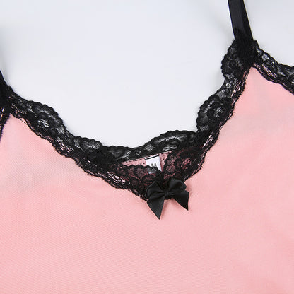 Lace Patchwork Pink Strap Bow Bodycon Summer Dresses Mini Side Split Sundress The Clothing Company Sydney