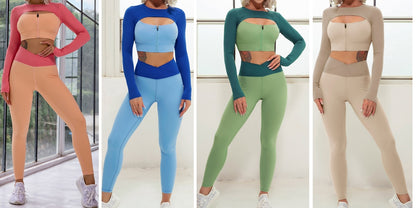 Layered Look Long Sleeve Yoga Crop Top Wrap V Waist Leggings Layered Cut Out Sports Bra Contrast Waist Shorts The Clothing Company Sydney