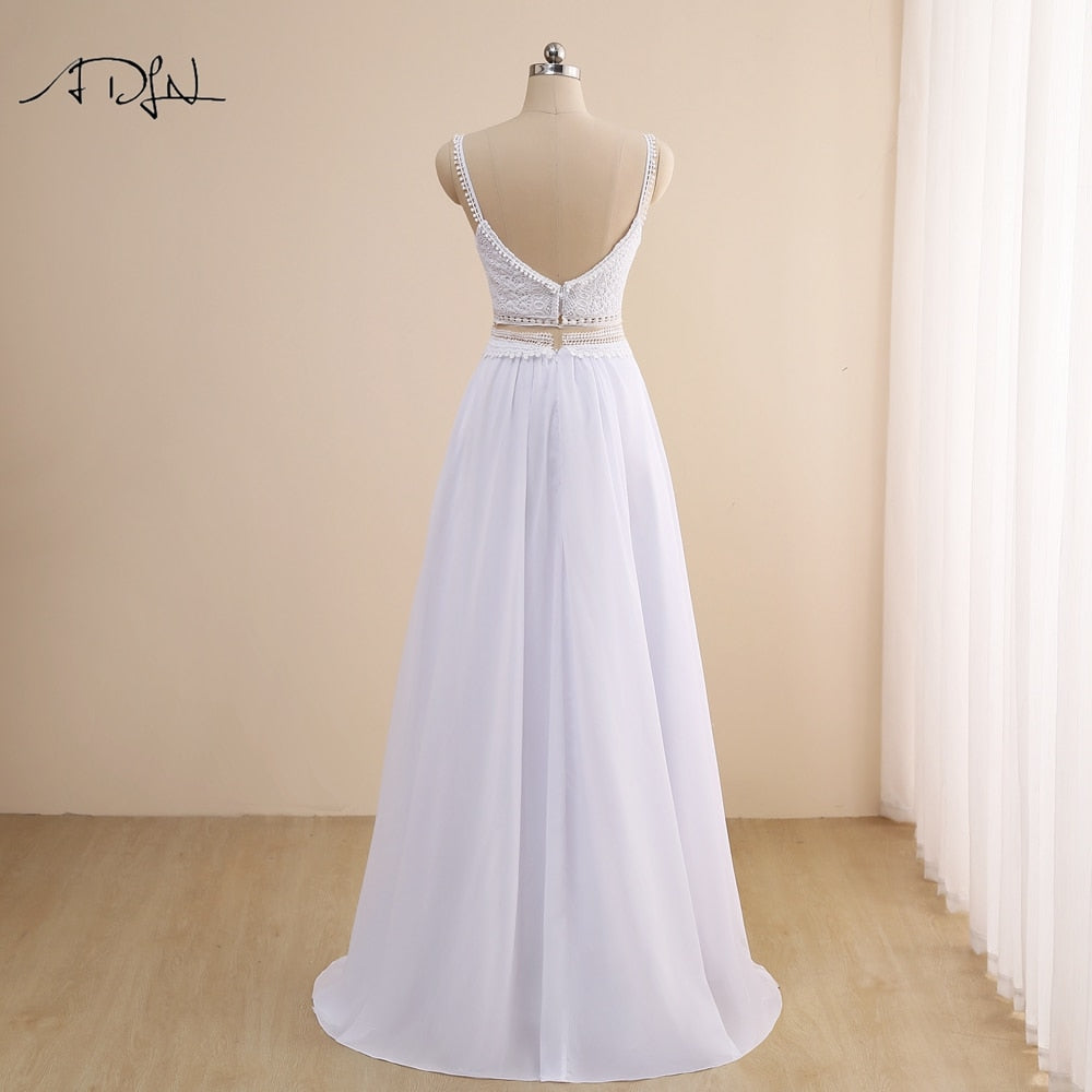 Charming Two Piece Boho Spaghetti Straps White/Ivory Chiffon Beach Bridal Gown Wedding Dress The Clothing Company Sydney