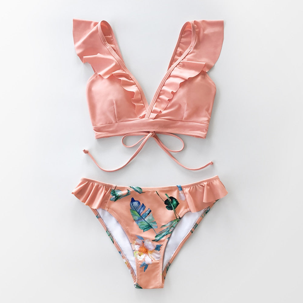 Tropical Pink Ruffle Bikini Sets Lace Up Low-waist Swimsuit Two Piece Swimwear Beach Bathing Suits The Clothing Company Sydney