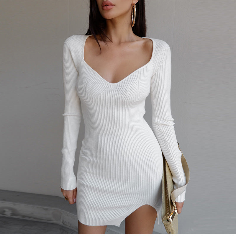 Green Long Sleeve Knitted Dress Elegant Sweetheart Neck Party Autumn Winter Bodycon Sweater Dress The Clothing Company Sydney