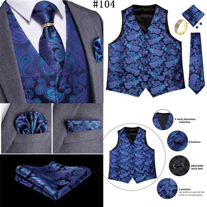 5 Piece Classic Black Wedding Vest for Men Silk Suit Vest Tie Ring Cufflinks Hanky Set for Party Formal Dress Business Casual Waistcoat The Clothing Company Sydney